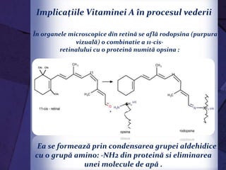 Implicaţiile Vitaminei A în procesul vederii
În organele microscopice din retină se află rodopsina (purpura
vizuală) o combinatie a 11-cis-
retinalului cu o proteină numită opsina :
Ea se formează prin condensarea grupei aldehidice
cu o grupă amino: -NH2 din proteină si eliminarea
unei molecule de apă .
 