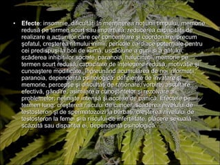 Efecte : insomnie, dificultăţi în menţinerea noţiunii timpului, memorie redusă pe termen scurt sau imparţială; reducerea capacităţii de realizare a acţiunilor care cer concentrare şi coordonare, precum şofatul, creşterea ritmului inimii, pericole cardiace potenţiale pentru cei predispuşi la boli de inimă, uscăciune a gurii  s i a gâtului, scăderea inhibiţiilor sociale, paranoia, halucinaţii, memorie pe termen scurt redusă, capacitate de înţelegere redusă, motivaţie şi cunoaştere modificate, îngreunând acumularea de noi informaţii, paranoia, dependenţă psihologică; deficienţe de învăţare şi memorie, percepţie şi dificultăţi de raţionare, vorbire, ascultare efectivă, gândire, asimilare a cunoştintelor şi rezolvare a problemelor; nelinişte intensă şi accese de panică. Efectele pe termen lung: creşterea riscului de cancer, scăderea nivelului de testosteron şi de spermatozoizi la bărbaţi, creşterea nivelului de testosteron la femei şi a riscului de infertilitate, plăcere sexuală scăzută sau dispariţia ei, dependenţă psihologică. 