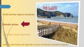 • Gorliz herrian dagoen hondartza.
• Bizkaiko kostan
• Pasealeku zabala inguratuta.
• Aukera ezin hobea da inguruko eremu berdeetan barbakoa egiteko
 