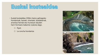 ◦ Euskal kostealdea 250km baino gehiagoko
hondartzak, hareak, uharteak, itsaslabarrak,
arrantza herriak eta munduan dauden
harri-formazio bakarrez osatuta dago.
☼ Flysh
☼ La concha hondartza
 