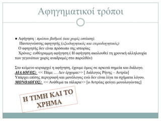 Αθεγεκαηηθνί ηξόπνη

● Αθήγεζε : πξώηνπ βαζκνύ (θαη ρωξίο εζηίαζε).
  Παληνγλώζηεο αθεγεηήο (εμωδηεγεηηθόο θαη εηεξνδηεγεηηθόο)
  Ο αθεγεηήο δελ είλαη πξόζσπν ηεο ηζηνξίαο
  Υξόλνο: επζύγξακκε αθήγεζε ( Ζ αθήγεζε αθνινπζεί ηε ρξνληθή αιιεινπρία
ησλ γεγνλόησλ ρσξίο αλαδξνκέο ζην παξειζόλ)

΢ην θείκελν θπξηαξρεί ε αθήγεζε, έρνπκε όκσο ζε αξθεηά ζεκεία θαη δηάινγν.
ΔΙΑΛΟΓΟΣ: << Πάκε … Γελ έξρνκαη>> [ Γηάινγνο Ρήλεο – Αληξέα]
Τπάξρεη επίζεο πεξηγξαθή θαη κνλόινγνο ελώ δελ είλαη ιίγα ηα ζρήκαηα ιόγνπ.
ΜΟΝΟΛΟΓΟΣ: << Αλάζεκα ηα ηάιαξα>> [ν Αληξέαο θεύγεη κνλνινγώληαο]
 