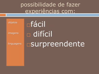 possibilidade de fazer
experiências com:
objetos
imagens
linguagens
fácil
 difícil
surpreendente
 