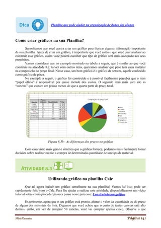 Noelei Carandina Página 141
Planilha que pode ajudar na organização de dados dos alunos
Como criar gráficos na sua Planilha?
Suponhamos que você queira criar um gráfico para ilustrar alguma informação importante
da sua planilha. Antes de criar um gráfico, é importante que você saiba o que você quer analisar ao
construir esse gráfico, assim você poderá escolher que tipo de gráfico será mais adequado aos seus
propósitos.
Vamos considerar que no exemplo mostrado na tabela a seguir, que é similar ao que você
construiu na atividade 8.2, talvez com outros itens, queiramos analisar que peso tem cada material
na composição do preço final. Nesse caso, um bom gráfico é o gráfico de setores, aquele conhecido
como gráfico de pizza.
No exemplo a seguir, o gráfico foi construído e é possível facilmente perceber que o item
“papel ofício” é responsável por quase metade dos custos. O segundo item mais caro são as
“canetas” que custam um pouco menos do que a quarta parte do preço total.
Figura 8.3b - As diferenças dos preços no gráfico
Com essa visão mais geral e sintética que o gráfico fornece, podemos mais facilmente tomar
decisões sobre realizar ou não a compra de determinada quantidade de um tipo de material.
Utilizando gráfico na planilha Calc
Que tal agora incluir um gráfico semelhante na sua planilha? Vamos lá! Isso pode ser
rapidamente feito com o Calc. Para lhe ajudar a realizar esta atividade, disponibilizamos um vídeo
tutorial sobre como proceder passo a passo nesse processo: Construindo um gráfico
Experimente, agora que o seu gráfico está pronto, alterar o valor da quantidade ou do preço
de algum dos materiais da lista. Digamos que você achou que o custo de tantas canetas está alto
demais, então, em vez de comprar 50 canetas, você vai comprar apenas cinco. Observe o que
 