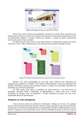 Noelei Carandina Página 115
Figura 6.8:Página de uma escola no Facebook
Dessa forma, além da busca de popularidade e prestígio no sentido afetivo, percebe-se que
muitas pessoas buscam nas redes sociais contatos que possam ser úteis para promoção pessoal e/ou
de determinados produtos e serviços. Observa-se, também, a criação de perfis institucionais,
inclusive de escolas. Veja o exemplo:
No Brasil, falar de redes sociais ou de relacionamentos é praticamente sinônimo de Orkut,
Facebook e Twitter. Mas é importante que você saiba que há uma grande variedade de redes.
Figura 6.9: Datas de lançamento dos maiores sites de redes sociais
Quando você estiver participando de uma rede social, lembre-se das orientações de
segurança que estudamos na Unidade 2! Nas redes de relacionamentos, é preciso cautela para não
divulgar informações pessoais para estranhos! Procure as opções de privacidade específicas da
ferramenta que você estiver utilizando.
As redes sociais estão entre as tecnologias de maior interesse e uso entre jovens na
atualidade, concorda? Dada a importância de aprofundarmos o estudo sobre essa e outras
tecnologias de destaque entre os estudantes, o Proinfo Integrado tem agora um novo curso
denominado Redes de Aprendizagem.
Etiqueta na rede (netiqueta)
Vimos diversos modos de estabelecer comunicação e diálogo na Internet. Em qualquer
processo de relacionamento pessoal, devemos observar normas e protocolos que zelam por uma boa
comunicação. O conceito de netiqueta pode ser compreendido, tomando o sentido da palavra ao pé-
da-letra: a etiqueta no uso da rede (net). Assim como em atividades de grupo, na Internet, cada um
 