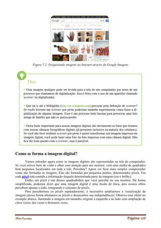 Noelei Carandina Página 126
Figura 7.2: Pesquisando imagens na Internet através do Google Imagens
Como se forma a imagem digital?
Vamos entender agora como as imagens digitais são representadas na tela do computador.
Se você estiver bem de visão e olhar com atenção para um monitor, verá uma malha de quadrados
bem pequenos localizados em toda a tela. Percebeu? Agora vai ficar mais simples compreender
como são formadas as imagens. Elas são formadas por pequenos pontos, denominados pixels. Em
cada pixel está contida a informação daquela determinada parte da imagem (cor e brilho).
Então, um pixel é um desses quadradinhos que você percebe no seu monitor. De forma
simplificada, podemos dizer que uma imagem digital é uma ilusão de ótica, pois nossos olhos
percebem apenas o todo, integrando o conjunto de pixels.
Para percebermos os pixels separadamente, é necessário ampliarmos a visualização da
imagem (dessa forma afastamos os pixels e destacamos sua independência). Observe esse efeito no
exemplo abaixo, ilustrando a imagem em tamanho original à esquerda e ao lado com ampliação de
cinco vezes, dez vezes e dezesseis vezes.
 