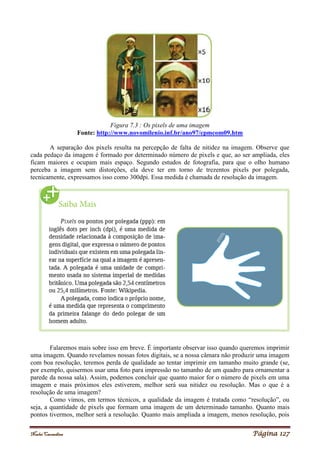 Noelei Carandina Página 127
Figura 7.3 : Os pixels de uma imagem
Fonte: http://www.novomilenio.inf.br/ano97/cpmcom09.htm
A separação dos pixels resulta na percepção de falta de nitidez na imagem. Observe que
cada pedaço da imagem é formado por determinado número de pixels e que, ao ser ampliada, eles
ficam maiores e ocupam mais espaço. Segundo estudos de fotografia, para que o olho humano
perceba a imagem sem distorções, ela deve ter em torno de trezentos pixels por polegada,
tecnicamente, expressamos isso como 300dpi. Essa medida é chamada de resolução da imagem.
Falaremos mais sobre isso em breve. É importante observar isso quando queremos imprimir
uma imagem. Quando revelamos nossas fotos digitais, se a nossa câmara não produzir uma imagem
com boa resolução, teremos perda de qualidade ao tentar imprimir em tamanho muito grande (se,
por exemplo, quisermos usar uma foto para impressão no tamanho de um quadro para ornamentar a
parede da nossa sala). Assim, podemos concluir que quanto maior for o número de pixels em uma
imagem e mais próximos eles estiverem, melhor será sua nitidez ou resolução. Mas o que é a
resolução de uma imagem?
Como vimos, em termos técnicos, a qualidade da imagem é tratada como “resolução”, ou
seja, a quantidade de pixels que formam uma imagem de um determinado tamanho. Quanto mais
pontos tivermos, melhor será a resolução. Quanto mais ampliada a imagem, menos resolução, pois
 