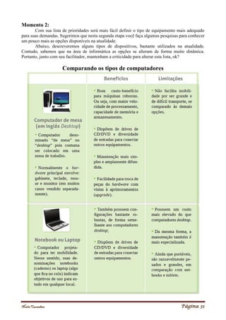 Noelei Carandina Página 31
Momento 2:
Com sua lista de prioridades será mais fácil definir o tipo de equipamento mais adequado
para suas demandas. Sugerimos que nesta segunda etapa você faça algumas pesquisas para conhecer
um pouco mais as opções disponíveis na atualidade.
Abaixo, descreveremos alguns tipos de dispositivos, bastante utilizados na atualidade.
Contudo, sabemos que na área de informática as opções se alteram de forma muito dinâmica.
Portanto, junto com seu facilitador, mantenham a criticidade para alterar esta lista, ok?
Comparando os tipos de computadores
 