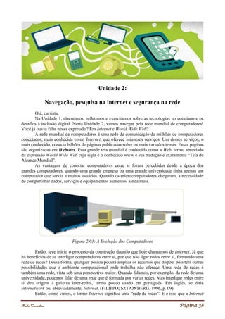 Noelei Carandina Página 38
Unidade 2:
Navegação, pesquisa na internet e segurança na rede
Olá, cursista,
Na Unidade 1, discutimos, refletimos e exercitamos sobre as tecnologias no cotidiano e os
desafios à inclusão digital. Nesta Unidade 2, vamos navegar pela rede mundial de computadores!
Você já ouviu falar nessa expressão? Em Internet e World Wide Web?
A rede mundial de computadores é uma rede de comunicação de milhões de computadores
conectados, mais conhecida como Internet, que oferece inúmeros serviços. Um desses serviços, o
mais conhecido, conecta bilhões de páginas publicadas sobre os mais variados temas. Essas páginas
são organizadas em Websites. Essa grande teia mundial é conhecida como a Web, termo abreviado
da expressão World Wide Web cuja sigla é o conhecido www e sua tradução é exatamente “Teia de
Alcance Mundial”.
As vantagens de conectar computadores entre si foram percebidas desde a época dos
grandes computadores, quando uma grande empresa ou uma grande universidade tinha apenas um
computador que servia a muitos usuários. Quando os microcomputadores chegaram, a necessidade
de compartilhar dados, serviços e equipamentos aumentou ainda mais.
Figura 2.01: A Evolução dos Computadores
Então, teve início o processo da construção daquilo que hoje chamamos de Internet. Já que
há benefícios de se interligar computadores entre si, por que não ligar redes entre si, formando uma
rede de redes? Dessa forma, qualquer pessoa poderá ampliar os recursos que dispõe, pois terá outras
possibilidades que o ambiente computacional onde trabalha não oferece. Uma rede de redes é
também uma rede, vista sob uma perspectiva maior. Quando falamos, por exemplo, da rede de uma
universidade, podemos falar de uma rede que é formada por várias redes. Mas interligar redes entre
si deu origem à palavra inter-redes, termo pouco usado em português. Em inglês, se diria
internetwork ou, abreviadamente, Internet. (FILIPPO; SZTAJNBERG, 1996, p. 09).
Então, como vimos, o termo Internet significa uma “rede de redes”. E é isso que a Internet
 