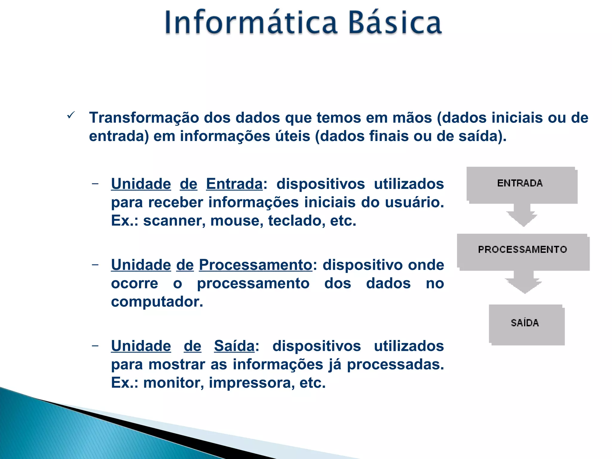 Conceitos – Processamento de Dados
 Transformação dos dados que temos em mãos (dados iniciais ou de
entrada) em informações úteis (dados finais ou de saída).
– Unidade de Entrada: dispositivos utilizados
para receber informações iniciais do usuário.
Ex.: scanner, mouse, teclado, etc.
– Unidade de Processamento: dispositivo onde
ocorre o processamento dos dados no
computador.
– Unidade de Saída: dispositivos utilizados
para mostrar as informações já processadas.
Ex.: monitor, impressora, etc.
 