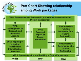 Type your text here
Pert Chart Showing relationship
among Work packages
13
WP1: Development of Partnership, Consortium Governance and
Project Management
WP2:
Development of
Research and
Innovation
Agenda
WP3: Mapping of
on-going
Sustainable
Intensification
Research
WP7:
Expected
Impact of
Future
Partnership
WP4: Possible
Funding
Instrument for a
Future
Partnership
WP5: Possible
Governance of a
Future
Partnership
WP 6: Communication and Profiling a Future Partnership
What Why How
 