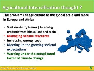 Forum for Agricultural Research in AfricaForum for Agricultural Research in Africa
Agricultural Intensification thought ?
The problems of agriculture at the global scale and more
in Europe and Africa
• Sustainability Issues [Sustaining
productivity of labour, land and capital]
• Managing natural resources
• Increasing energy cost
• Meeting up the growing societal
expectations
• Working under the complicated
factor of climate change.
 