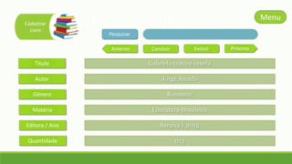 Cadastrar
Livro

Menu
Pesquisar
Anterior

Excluir

Concluir

Titulo

Gabriela cravo e canela

Autor

Jorge Amado

Gênero

Romance

Matéria

Literatura-brasileira

Editora / Ano

Saraiva / 2013

Quantidade

013

Próximo

 