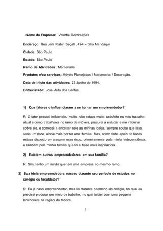 5
Nome da Empresa: Valorbe Decorações
Endereço: Rua Jeni Klabin Segall , 424 – Sitio Mandaqui
Cidade: São Paulo
Estado: São Paulo
Ramo de Atividades: Marcenaria
Produtos e/ou serviços: Móveis Planejados / Marcenaria / Decoração.
Data de Inicio das atividades: 23 Junho de 1994.
Entrevistado: José Aldo dos Santos.
1) Que fatores o influenciaram a se tornar um empreendedor?
R: O fator pessoal influenciou muito, não estava muito satisfeito no meu trabalho
atual e como trabalhava no ramo de móveis, procurei a estudar e me informar
sobre ele, e comecei a encaixar nele as minhas ideias, sempre soube que isso
seria um risco, ainda mais por ter uma família. Mas, como tinha apoio de todos
estava disposto em assumir esse risco, primeiramente pela minha independência,
e também pela minha família que foi a base mais inspiradora.
2) Existem outros empreendedores em sua família?
R: Sim, tenho um irmão que tem uma empresa no mesmo ramo.
3) Sua ideia empreendedora nasceu durante seu período de estudos no
colégio ou faculdade?
R: Eu já nasci empreendedor, mas foi durante o termino do colégio, no qual eu
precisei procurar um meio de trabalho, no qual iniciei com uma pequena
lanchonete na região da Mooca.
 