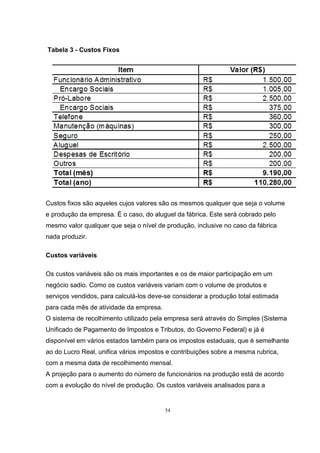 54
Tabela 3 - Custos Fixos
Custos fixos são aqueles cujos valores são os mesmos qualquer que seja o volume
e produção da empresa. É o caso, do aluguel da fábrica. Este será cobrado pelo
mesmo valor qualquer que seja o nível de produção, inclusive no caso da fábrica
nada produzir.
Custos variáveis
Os custos variáveis são os mais importantes e os de maior participação em um
negócio sadio. Como os custos variáveis variam com o volume de produtos e
serviços vendidos, para calculá-los deve-se considerar a produção total estimada
para cada mês de atividade da empresa.
O sistema de recolhimento utilizado pela empresa será através do Simples (Sistema
Unificado de Pagamento de Impostos e Tributos, do Governo Federal) e já é
disponível em vários estados também para os impostos estaduais, que é semelhante
ao do Lucro Real, unifica vários impostos e contribuições sobre a mesma rubrica,
com a mesma data de recolhimento mensal.
A projeção para o aumento do número de funcionários na produção está de acordo
com a evolução do nível de produção. Os custos variáveis analisados para a
 
