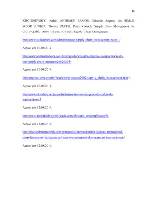 14
KISCHINEVSKY, André; ANDRADE RAMOS, Eduardo Augusto de; SIMÃO
WOOD JUNIOR, Thomaz; ZUFFO, Paulo Knörich. Supply Chain Management. In:
CARVALHO, Daltro Oliveira (Coord.). Supply Chain Management.
http://www.coladaweb.com/administracao/supply-chain-management-parte-1
Acesso em 10/08/2014.
http://www.administradores.com.br/artigos/tecnologia/a-origem-e-a-importancia-do-
scm-supply-chain-management/26294/
Acesso em 10/08/2014.
http://paginas.terra.com.br/negocios/processos2002/supply_chain_management.htm>.
Acesso em 10/08/2014.
http://www.slideshare.net/jacquelinebarros/sistemas-de-gesto-da-cadeia-de-
suprimentos-vf
Acesso em 12/08/2014.
http://www.logisticadescomplicada.com/glossario-descomplicado/#L
Acesso em 12/08/2014.
http://relacoesinternacionais.com.br/negocios-internacionais/a-logistica-internacional-
como-ferramenta-indispensavel-para-o-crescimento-dos-negocios-internacionais/
Acesso em 12/08/2014.
 