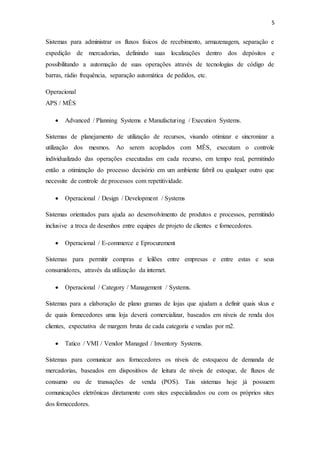 5
Sistemas para administrar os fluxos físicos de recebimento, armazenagem, separação e
expedição de mercadorias, definindo suas localizações dentro dos depósitos e
possibilitando a automação de suas operações através de tecnologias de código de
barras, rádio frequência, separação automática de pedidos, etc.
Operacional
APS / MÊS
 Advanced / Planning Systems e Manufacturing / Execution Systems.
Sistemas de planejamento de utilização de recursos, visando otimizar e sincronizar a
utilização dos mesmos. Ao serem acoplados com MÊS, executam o controle
individualizado das operações executadas em cada recurso, em tempo real, permitindo
então a otimização do processo decisório em um ambiente fabril ou qualquer outro que
necessite de controle de processos com repetitividade.
 Operacional / Design / Development / Systems
Sistemas orientados para ajuda ao desenvolvimento de produtos e processos, permitindo
inclusive a troca de desenhos entre equipes de projeto de clientes e fornecedores.
 Operacional / E-commerce e Eprocurement
Sistemas para permitir compras e leilões entre empresas e entre estas e seus
consumidores, através da utilização da internet.
 Operacional / Category / Management / Systems.
Sistemas para a elaboração de plano gramas de lojas que ajudam a definir quais skus e
de quais fornecedores uma loja deverá comercializar, baseados em níveis de renda dos
clientes, expectativa de margem bruta de cada categoria e vendas por m2.
 Tatico / VMI / Vendor Managed / Inventory Systems.
Sistemas para comunicar aos fornecedores os níveis de estoqueou de demanda de
mercadorias, baseados em dispositivos de leitura de níveis de estoque, de fluxos de
consumo ou de transações de venda (POS). Tais sistemas hoje já possuem
comunicações eletrônicas diretamente com sites especializados ou com os próprios sites
dos fornecedores.
 