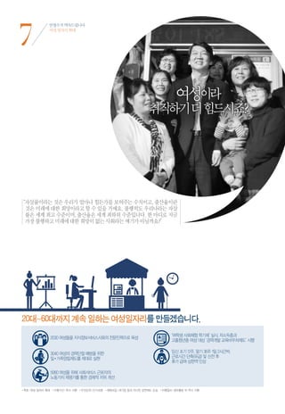 7
              안철수가 약속드립니다
              여성 일자리 확대




                                                                             여성이라
                                                                취직하기 더 힘드시죠?




“ 살률이라는 것은 우리가 얼마나 힘든가를 보여주는 수치이고, 출산율이란
 자
 것은 미래에 대한 희망이라고 할 수 있을 거예요. 불행히도 우리나라는 자살
 률은 세계 최고 수준이며, 출산율은 세계 최하위 수준입니다. 한 마디로 지금
 가장 불행하고 미래에 대한 희망이 없는 사회라는 얘기가 아닐까요?”




20대~60대까지 계속 일하는 여성일자리를 만들겠습니다.




•목표 | 여성 일자리 확대 •이행기간 | 즉시 시행 •우선순위 | 단기과제 •재원조달 | 대기업 등의 지나친 감면제도 손실 •이행절차 | 정부출범 뒤 즉시 시행
 