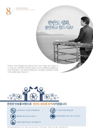 8
              안철수가 약속드립니다
              남북관계•북핵문제 평화적 조기 해결




                                                                 한반도 평화,
                                                            불안하고 힘드시죠?




“ 한은 우리가 해결해야 할 문제인 동시에 우리의 미래를 위한 선물일 수
 북
 도 있습니다. 남북경협이 위축되자 북한은 중국과 경제협력을 확대했고 북
 한의 경제지표는 그리 악화되지 않았습니다. 중단됐던 남북대화와 경제협
 력을 재개할 필요가 있습니다.”




튼튼한 안보를 바탕으로 한반도 평화를 정착시키겠습니다




•목표 | 남북관계•북핵문제 평화적 조기 해결 •이행기간 | 2013년 2월 ~2018년 2월 •우선순위 | 집중과제 •재원조달 | 기존 예산 활용 •이행절차 | 출범 후 시행
 