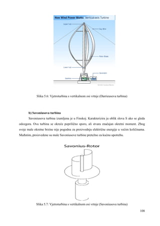 108 
Slika 5.6: Vjetroturbina s vertikalnom osi vrtnje (Darrieusova turbina) 
b) Savoniusova turbina 
Savoniusova turbina izumljena je u Finskoj. Karakterizira ju oblik slova S ako se gleda 
odozgora. Ova turbina se okreće poprilično sporo, ali stvara značajan okretni moment. Zbog 
svoje male okretne brzine nije pogodna za proizvodnju električne energije u većim količinama. 
Meñutim, proizvedene su male Savoniusove turbine pretežno za kućnu upotrebu. 
Slika 5.7: Vjetroturbina s vertikalnom osi vrtnje (Savoniusova turbina) 
 