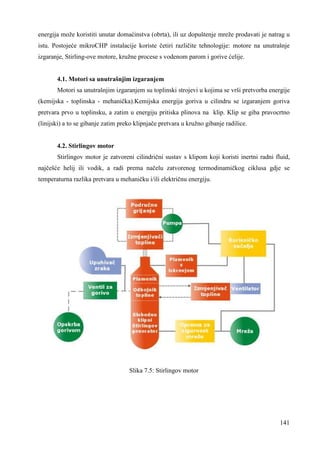 energija može koristiti unutar domaćinstva (obrta), ili uz dopuštenje mreže prodavati je natrag u 
istu. Postojeće mikroCHP instalacije koriste četiri različite tehnologije: motore na unutrašnje 
izgaranje, Stirling-ove motore, kružne procese s vodenom parom i gorive ćelije. 
4.1. Motori sa unutrašnjim izgaranjem 
Motori sa unutrašnjim izgaranjem su toplinski strojevi u kojima se vrši pretvorba energije 
(kemijska - toplinska - mehanička).Kemijska energija goriva u cilindru se izgaranjem goriva 
pretvara prvo u toplinsku, a zatim u energiju pritiska plinova na klip. Klip se giba pravocrtno 
(linijski) a to se gibanje zatim preko klipnjače pretvara u kružno gibanje radilice. 
4.2. Stirlingov motor 
Stirlingov motor je zatvoreni cilindrični sustav s klipom koji koristi inertni radni fluid, 
najčešće helij ili vodik, a radi prema načelu zatvorenog termodinamičkog ciklusa gdje se 
temperaturna razlika pretvara u mehaničku i/ili električnu energiju. 
141 
Slika 7.5: Stirlingov motor 
 