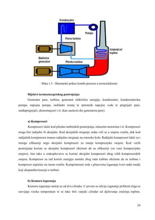 10 
Slika 1.3 : Shematski prikaz kombi-procesa u termoelektrani 
Dijelovi termoenergetskog postrojenja: 
Generator pare, turbina, generator električne energije, kondenzator, kondenzatorska 
pumpa, napojna pumpa, rashladni toranj te spremnik napojne vode te pregrijači pare, 
meñupregrijači, ekonomajzeri i sl. (kao sastavni dio generatora pare). 
a) Kompresori 
Kompresori služe kod plinsko-turbinskih postrojenja, mlaznim motorima i sl. Kompresori 
mogu biti radijalni ili aksijalni. Kod aksijalnih strujanje zraka vrši se u smjeru vratila, dok kod 
radijalnih kompresora imamo radijalno strujanje na rotorsko kolo. Radijalni kompresori lakši su i 
mnogo efikasniji nego aksijalni kompresori za manje kompresijske omjere. Kod većih 
postrojenja koriste se aksijalni kompresori obzirom da su efikasniji (za veće kompresijske 
omjere). Isto tako u zrakoplovstvu se koriste aksijalni kompresori zbog viših kompresorskih 
omjera. Kompresor za rad koristi energiju nastalu zbog rada turbine obzirom da su turbina i 
kompresor najčešće na istom vratilu. Komprimirani zrak s plinovima izgaranja tvori radni medij 
koji ekspandira kasnije u turbini. 
b) Komora izgaranja 
Komora izgaranja sastoji se od dva cilindra. U prvom se odvija izgaranje prilikom čega se 
razvijaju visoke temperature te se tako štiti vanjski cilindar od djelovanja zračenja topline. 
 
