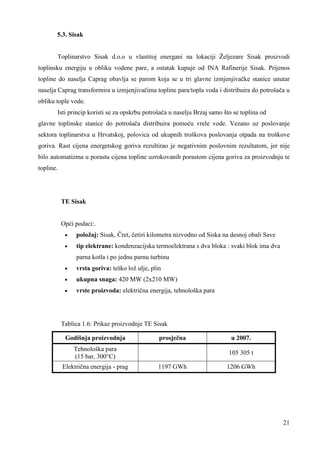21 
5.3. Sisak 
Toplinarstvo Sisak d.o.o u vlastitoj energani na lokaciji Željezare Sisak proizvodi 
toplinsku energiju u obliku vodene pare, a ostatak kupuje od INA Rafinerije Sisak. Prijenos 
topline do naselja Caprag obavlja se parom koja se u tri glavne izmjenjivačke stanice unutar 
naselja Caprag transformira u izmjenjivačima topline para/topla voda i distribuira do potrošača u 
obliku tople vode. 
Isti princip koristi se za opskrbu potrošača u naselju Brzaj samo što se toplina od 
glavne toplinske stanice do potrošača distribuira pomoću vrele vode. Vezano uz poslovanje 
sektora toplinarstva u Hrvatskoj, polovica od ukupnih troškova poslovanja otpada na troškove 
goriva. Rast cijena energetskog goriva rezultirao je negativnim poslovnim rezultatom, jer nije 
bilo automatizma u porastu cijena topline uzrokovanih porastom cijena goriva za proizvodnju te 
topline. 
TE Sisak 
Opći podaci:. 
· položaj: Sisak, Čret, četiri kilometra nizvodno od Siska na desnoj obali Save 
· tip elektrane: kondenzacijska termoelektrana s dva bloka : svaki blok ima dva 
parna kotla i po jednu parnu turbinu 
· vrsta goriva: teško lož ulje, plin 
· ukupna snaga: 420 MW (2x210 MW) 
· vrste proizvoda: električna energija, tehnološka para 
Tablica 1.6: Prikaz proizvodnje TE Sisak 
Godišnja proizvodnja prosječna u 2007. 
Tehnološka para 
(15 bar, 300°C) 
105 305 t 
Električna energija - prag 1197 GWh 1206 GWh 
 