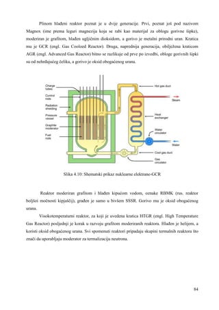 Plinom hlañeni reaktor poznat je u dvije generacije. Prvi, poznat još pod nazivom 
Magnox (ime prema leguri magnezija koja se rabi kao materijal za oblogu gorivne šipke), 
moderiran je grafitom, hlañen ugljičnim dioksidom, a gorivo je metalni prirodni uran. Kratica 
mu je GCR (engl. Gas Cooloed Reactor). Druga, naprednija generacija, obilježena kraticom 
AGR (engl. Advanced Gas Reactor) bitno se razlikuje od prve po izvedbi, obloge gorivnih šipki 
su od nehrñajućeg čelika, a gorivo je oksid obogaćenog urana. 
84 
Slika 4.10: Shematski prikaz nuklearne elektrane-GCR 
Reaktor moderiran grafitom i hlañen kipućom vodom, oznake RBMK (rus. reaktor 
boljšoi močnosti kipjaščij), grañen je samo u bivšem SSSR. Gorivo mu je oksid obogaćenog 
urana. 
Visokotemperaturni reaktor, za koji je uvedena kratica HTGR (engl. High Temperature 
Gas Reactor) posljednji je korak u razvoju grafitom moderiranih reaktora. Hlañen je helijem, a 
koristi oksid obogaćenog urana. Svi spomenuti reaktori pripadaju skupini termalnih reaktora što 
znači da uporabljaju moderator za termalizaciju neutrona. 
 