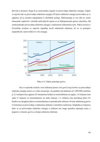 derivata u prometu. Stoga ih je neracionalno izgarati za proizvodnju električne energije. Ugljen 
se najviše rabi za proizvodnju električne energije (39 posto električne energije proizvedeno je iz 
ugljena), ali je izuzetno nepopularan iz ekoloških razloga. Hidroenergija se već rabi na većini 
ekonomski isplativih i ekološki prihvatljivih mjesta te je hidropotencijal gotovo iskorišten. Od 
samih početaka proizvodnja električne energije u nuklearnim elektranama raste. Nakon nesreće u 
Černobilju izraženo se usporila izgradnja novih nuklearnih elektrana, ali su se postojeće 
unapreñivale i proizvodile sve više energije. 
86 
Slika 4.13: Odnos potrošnje goriva 
Ako se usporede različite vrste elektrana prema vrsti goriva koje koriste za proizvodnju 
toplinske energije uočava se veliki nesrazmjer. Za godišnji rad elektrane od 1.000 MW potrebno 
je 2,3 milijuna tona ugljena (23 transportna broda) za termoelektranu na ugljen, 1,4 milijuna tona 
nafte (7 tankera) za termoelektranu na naftu (mazut), 1,1 milijuna tona prirodnog plina (16 
brodova na ukapljeni plin) za termoelektranu na prirodni plin odnosno 30 tona nuklearnog goriva 
(3 kamiona) za proizvodnju u nuklearnoj elektrani s termičkim reaktorom. Očigledna je činjenica 
kako se za proizvodnju električne energije u elektrani iste snage potrebna najmanja masa, a 
pogotovo volumen, goriva u slučaju nuklearne elektrane. 
 