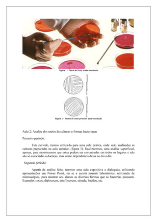 Figura 1 – Placas de Petry sendo inoculadas
Figura 2 – Forma de como proceder uma inoculação
Aula 2: Analise dos meios de culturas e formas bacterianas
Primeiro período:
Este período, iremos utiliza-lo para uma aula prática, onde seão analisadas as
culturas preparadas na aula anterior, (figura 3). Realizaremos, uma análise superficial,
apenas, para monstrarmos que estas podem ser encontradas em todos os lugares e não
são só associadas a doenças, mas como dependemos delas no dia a dia.
Segundo período:
Apartir da análise feita, teremos uma aula expositiva e dialogada, utilizando
apresentações em Power Point, ou se a escola possuir laboratórios, utilizando de
microscópios, para mostrar aos alunos as diversas formas que as bactérias possuem.
Exemplo: cocos, diplococos, estafilococos, tétrade, bacilos, etc.
 