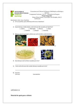 Licenciatura em Ciências da Natureza: Habilitação em Biologia e
Química
Componente Curricular: UAI 21 – Laboratório de Pesquisa
Projeto Integrador
Alunas: Bruna Gomes, Evani Mota, Ione Kempka, Julio S.
Kohlrausch
Questionário sobre vírus e bactérias:
1) Em sua opinião, qual a diferença entre vírus e bactérias?
_______________________________________________________________________
2) Quais doenças, citadas abaixo, você acha que são causadas por bactérias?
( ) Cólera ( ) Meningite ( ) Micose ( ) Gripe
( ) Rubéola ( ) Dengue ( ) Sarampo
3) Marque com “x” as imagens abaixo que você considera sendo bactérias.
( ) ( ) ( )
( ) ( )
4) Que doenças você conhece causadas por vírus?
_______________________________________________________________________
5) Como você acha que são curadas doenças causadas por vírus?
_______________________________________________________________________
6) Desenhe:
Um vírus Uma bactéria
APÊNDICE B
Material de apoio para o debate:
 