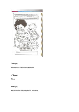 3ª Etapa;
Combinados com Educação Infantil
4ª Etapa;
Mural
5º Etapa;
Encerramento e exposição dos trabalhos
 