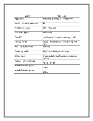 MODEL QDX – 40
Application Annealing &tinning of cooperwire
Number of wires processed 40
Wire to processed 0.08 – 0.32 mm
Max Wire Speed 300 m/min
Pay Off Curl flyer of constant tension pay - off
Tinning mode Single / double furnace with hot dip with
Dies.
Pay – off bobbin size 300 mm
Taking up mode Single bobbin torque take - up
Soften mode Water seal electrical heating continuous
softens.
Taking – up bobbinsize
PT 10 – PT 25
Installed motion power
14 kw
Installed heating power
35 kw
 