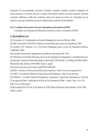 29
programas de pós-graduação, convênios firmados, produção científica, projetos integrados de
ensino, pesquisa e extensão, recursos e estágios remunerados obtidos em outras empresas, estrutura
curricular, biblioteca, média das avaliações anuais por grupos de alunos etc. Resultará em um
relatório anual, que subsidiará possíveis mudanças para melhoria de desempenho.
8.2.2. Avaliação Externa do Curso por Mecanismos já Existentes (INEP)
A avaliação será realizada periodicamente conforme normas e orientações do MEC.
9. REFERÊNCIAS
[1] Cavalcante, G., Contribuições ao Projeto Pedagógico do curso de Elétrica, 2004.
[2] MEC, Resolução CNE/CES11, Diretrizes Curriculares para Cursos de Engenharia, 2002.
[3] Cardoso, E.P., Menezes, C.S., Um Projeto Pedagógico para o Curso de Engenharia Elétrica,
COBENGE, 2003.
[4] Conselho Universitário, Regulamento Acadêmico, Resolução 580, 1992.
[5] “Diretrizes Curriculares Nacionais do Curso de Graduação em Engenharia”, Conselho Nacional
de Educação; Câmara de Educação Superior; Resolução CNE/CES de 11 de Março de 2002, Diário
Oficial da União, Brasília, 09/04/2002; Seção 1, pag32.
http://portal.mec.gov.br/cne/arquivos/pdf/CES112002.pdf
[6] IEEE - Institute of Electrical and Electronics Engineers - http://www.ieee.org/portal/site
[7] ABET- Accreditation Board for Engineering and Technology - http://www.abet.org/
[8] CONFEA – Conselho Federal de Engenharia, Arquitetura e Agronomia, Resolução no 1.010, de
22 de agosto de 2005 - Publicada no D.O.U de 4 de setembro de 2006 – Seção 1 Pág. 116 a 118.
http://www.confea.org.br.
[9] Resolução CES Nº 01 de 27 de Janeiro de 1999, Diário Oficial da União, Brasília, 03/02/1999;
Seção 1, pag13.
 