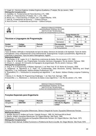 48
3. Vogel, A.I.: Química Orgânica: Análise Orgânica Qualitativa, 2ª edição, Rio de Janeiro, 1998.
Bibliografia Complementar:
4. Castellan, G.: Fundamentos de Físico-Química, LTC, 1986.
5. Atkins, P.: Físico-Química, 6ª edição, Vol. 1, LTC, 1999.
6. Moore, W.J.: Físico-Química. 4a edição, Vol.1, Edgard Blücher, 1976.
7. Hein M., Fundamentos de Química - — Editora Campus.
8. Rod O’Connor , Fundamentos de Química - - Editora Campus.
SERVIÇO PÚBLICO FEDERAL
UNIVERSIDADE FEDERAL DO PARÁ
INSTITUTO DE TECNOLOGIA
CURSO DE ENGENHARIA ELÉTRICA
Técnicas e Linguagens de Programação
Carga Horária (h)
Teórica Prática Total
Semanal 2 2 4
Semestral 30 30 60
Caráter Código Período Pré-requisitos Faculdade
Obrigatória EN05109 Bloco II Programação Estruturada
de Computadores
Elétrica
Ementa
Tipos de Dados: definição e manipulação de tipos de dados. Estrutura de decisão e de repetição. Tipos de dados
homogêneos: array unidimensional e array bidimensional. Subprogramas: função e procedimento. Algoritmos de
ordenação e pesquisas. Tipos de dados heterogêneos: registro.
Bibliografia Básica:
1. Guimarães, A. M., Lages, N. A. C. Algoritmos e estruturas de dados. Rio de Janeiro: LTC, 1993.
2. Villas, M. V. & Villas B. Luis. Programação: Conceitos, técnicas e linguagens. Rio de Janeiro: Campus, 1993
3. Chezzi, C., Jazayeri, M. Conceitos de linguagens de programação. Rio de Janeiro: Campus, 1985.
Bibliografia Complementar:
4. King, K. N. C Programming: A Modern Approach. 2. ed. New York: W. W. Norton & Company, 2008.
5. Sedgewick, R. Algorithms in C, Parts 1-5: Fundamentals, Data Structures, Sorting, Searching and Graph
Algorithms. 3. ed. Indianapolis: Addison-Wesley Professional, 2001.
6. Shackelford, R. L. Introduction to computing and algorithms. 1. ed. Boston: Addison Wesley Longman Publishing,
1997.
7.Skiena, S. S.; Revilla, M. Programming Challenges. 1. ed. New York: Springer, 1999.
8.Szwarcfiter, J. L.; Markenzon, L. Estruturas de dados e seus algoritmos. 1. ed. Rio de Janeiro: LTC, 1994.
SERVIÇO PÚBLICO FEDERAL
UNIVERSIDADE FEDERAL DO PARÁ
INSTITUTO DE TECNOLOGIA
CURSO DE ENGENHARIA ELÉTRICA
Funções Especiais para Engenharia
Carga Horária (h)
Teórica Prática Total
Semanal 4 0 4
Semestral 60 0 60
Caráter Código Período Pré-requisitos Faculdade
Obrigatória EN01054 Bloco III Cálculo II e Álgebra
Linear
Elétrica
Ementa
Soluções em Série de Equações Diferenciais. Séries e Integral de Fourier. Equações Diferenciais Parciais.
Bibliografia Básica:
1. Spiegel, Murray R. Análise de Fourier. Coleção Schaum. 1980. Ed. McGraw-Hill do Brasil.
2. Maurer, Willefa. Equações Diferenciais. Ed. Edgard Blücher. São Paulo. 1980.
3.Steplenson, G. Uma introdução às Equações Diferenciais Parciais. Ed. Edgard Blücher. São Paulo. 1975.
Bibliografia Complementar:
4.Honig, Chaim Samuel. Análise Funcional e o Problema de Sturm-Liouville. Ed. Edgar Blücher. São Paulo.1978.
 