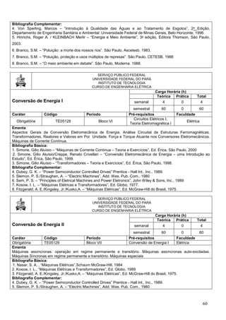 60
Bibliografia Complementar:
4. Von Sperling, Marcos – “Introdução à Qualidade das Águas e ao Tratamento de Esgotos”, 2a Edição,
Departamento de Engenharia Sanitária e Ambiental: Universidade Federal de Minas Gerais, Belo Horizonte, 1996.
5. Hinrichs, Roger A. / KLEINBACH Merlir – “Energia e Meio Ambiente”, 3a edição, Editora Thomson, São Paulo,
2003.
6. Branco, S.M. – “Poluição: a morte dos nossos rios”. São Paulo, Ascetesb. 1983.
7. Branco, S.M. – “Poluição, proteção e usos múltiplos de represas”. São Paulo, CETESB. 1988
8. Branco, S.M. – “O meio ambiente em debate”. São Paulo, Moderna. 1988.
SERVIÇO PÚBLICO FEDERAL
UNIVERSIDADE FEDERAL DO PARÁ
INSTITUTO DE TECNOLOGIA
CURSO DE ENGENHARIA ELÉTRICA
Conversão de Energia I
Carga Horária (h)
Teórica Prática Total
semanal 4 0 4
semestral 60 0 60
Caráter Código Período Pré-requisitos Faculdade
Obrigatória TE05128 Bloco VI
Circuitos Elétricos I,
Teoria Eletromagnética I
Elétrica
Ementa
Aspectos Gerais da Conversão Eletromecânica de Energia. Análise Circuital de Estruturas Ferromagnéticas.
Transformadores, Reatores e Valores em Por Unidade. Força e Torque Atuante nos Conversores Eletromecânicos.
Máquinas de Corrente Contínua.
Bibliografia Básica:
1. Simone, Gilio Aluísio – “Máquinas de Corrente Contínua – Teoria e Exercícios”, Ed. Érica, São Paulo, 2000
2. Simone, Gilio Aluísio/Creppe, Renato Crivellari – “Conversão Eletromecânica de Energia – uma Introdução ao
Estudo”, Ed. Érica, São Paulo, 1999.
3. Simone, Gilio Aluísio – “Transformadores – Teoria e Exercícios”, Ed. Érica, São Paulo, 1998.
Bibliografia Complementar:
4. Dubey, G. K. – “Power Semiconductor Controlled Drives” Prentice - Hall Int., Inc., 1989.
5. Slemon, P. S./Straughen, A. – “Electric Machines”, Add. Wes. Pub. Com., 1980
6. Sem, P. S. – “Principles of Eletrical Machines and Power Eletronics”, John Wiley & Sons, Inc., 1989.
7. Kosow, I. L. – “Máquinas Elétricas e Transformadores”, Ed. Globo, 1977.
8. Fitzgerald, A. E./Kingsley, Jr./Kusko,A. – “Máquinas Elétricas”, Ed. McGraw-Hill do Brasil, 1975.
SERVIÇO PÚBLICO FEDERAL
UNIVERSIDADE FEDERAL DO PARÁ
INSTITUTO DE TECNOLOGIA
CURSO DE ENGENHARIA ELÉTRICA
Conversão de Energia II
Carga Horária (h)
Teórica Prática Total
semanal 4 0 4
semestral 60 0 60
Caráter Código Período Pré-requisitos Faculdade
Obrigatória TE05129 Bloco VII Conversão de Energia I Elétrica
Ementa
Máquinas assíncronas: operação em regime permanente e transitório. Máquinas assíncronas auto-excitadas.
Máquinas Síncronas em regime permanente e transitório. Máquinas especiais
Bibliografia Básica:
1. Nasar, S. A. , “Máquinas Elétricas”,Schaum McGraw-Hill, 1984
2. Kosow, I. L., “Máquinas Elétricas e Transformadores”, Ed. Globo, 1989
3. Fitzgerald, A. E./Kingsley, Jr./Kusko,A. – “Máquinas Elétricas”, Ed. McGraw-Hill do Brasil, 1975.
Bibliografia Complementar:
4. Dubey, G. K. – “Power Semiconductor Controlled Drives” Prentice - Hall Int., Inc., 1989.
5. Slemon, P. S./Straughen, A. – “Electric Machines”, Add. Wes. Pub. Com., 1980
 