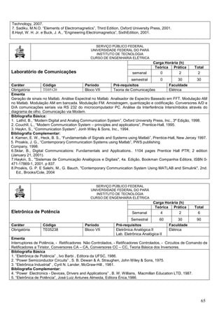 65
Technology, 2007.
7. Sadiku, M.N.O. “Elements of Electromagnetics”, Third Edition, Oxford University Press, 2001.
8.Hayt, W. H. Jr. e Buck, J. A., “Engineering Electromagnetics”, SixthEdition, 2001.
SERVIÇO PÚBLICO FEDERAL
UNIVERSIDADE FEDERAL DO PARÁ
INSTITUTO DE TECNOLOGIA
CURSO DE ENGENHARIA ELÉTRICA
Laboratório de Comunicações
Carga Horária (h)
Teórica Prática Total
semanal 0 2 2
semestral 0 30 30
Caráter Código Período Pré-requisitos Faculdade
Obrigatória TE05120 Bloco VII Teoria de Comunicações Elétrica
Ementa
Geração de sinais no Matlab. Análise Espectral no Matlab. Analisador de Espectro Baseado em FFT. Modulação AM
no Matlab. Modulação AM em bancada. Modulação FM. Amostragem, quantização e codificação. Conversores A/D e
D/A comunicações seriais via RS 232 do microcomputador PC. Análise da Interferência Intersímbolos através do
diagrama de olho. Comunicação via Modem.
Bibliografia Básica:
1. LathiI, B., “Modern Digital and Analog Communication System”, Oxford University Press, Inc., 3ª Edição, 1998.
2. CouchII, L., “Modern Communication System – principles and applications”, Prentice-Hall, 1995.
3. Haykn, S., “Communication System”, Jonh Wiley & Sons, Inc., 1994.
Bibliografia Complementar:
4. Kamen, E. W., Heck, B. S., “Fundamentals of Signals and Systems using Matlab”, Prentice-Hall, New Jercey 1997.
5. Proakis, J. G., “Contemporary Communication Systems using Matlab”, PWS publishing
Company, 1998.
6.Sklar, B., Digital Communications: Fundamentals and Applications.. 1104 pages Prentice Hall PTR; 2 edition
(January 21, 2001).
7.Haykin, S., "Sistemas de Comunicação Analógicos e Digitais", 4a. Edição, Bookman Companhia Editora, ISBN 0-
471-17869-1, 2001. p 837.
8.Proakis, G. P. E Salehi, M., G. Bauch, "Contemporary Communication System Using MATLAB and Simulink", 2nd.
Ed., Brooks/Cole, 2004
SERVIÇO PÚBLICO FEDERAL
UNIVERSIDADE FEDERAL DO PARÁ
INSTITUTO DE TECNOLOGIA
CURSO DE ENGENHARIA ELÉTRICA
Eletrônica de Potência
Carga Horária (h)
Teórica Prática Total
Semanal 4 2 6
Semestral 60 30 90
Caráter Código Período Pré-requisitos Faculdade
Obrigatória TE05238 Bloco VII Eletrônica Analógica II
Lab. Eletrônica Analógica II
Elétrica
Ementa
Interruptores de Potência, - Retificadores Não Controlados, - Retificadores Controlados, - Circuitos de Comando de
Retificadores a Tiristor, Conversores CA – CA, Conversores CC – CC, Teoria Básica dos Inversores.
Bibliografia Básica
1. “Eletrônica de Potência” , Ivo Barbi , Editora da UFSC, 1986.
2. “Power Semiconductor Circuits” , S. B. Dewan & A. Straughen, John Wiley & Sons, 1975.
3. “Eletrônica Industrial” , Cyril N. Lander, McGraw-Hill , 1981.
Bibliografia Complementar:
4. “Power Electronics - Devices, Drivers and Applications” , B. W. Willians, Macmillan Education LTD, 1987.
5. “Eletrônica de Potência”, José Luiz Antunes Almeida, Editora Érica,1986.
 