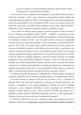 7
vagas no 2o
semestre, nos turnos da manhã e da tarde/noite, respectivamente, sistema
este que passaria a vigorar a partir do ano de 2001.
Com a criação do Curso de Engenharia de Computação no ano de 2000, também vinculado ao
Instituto de Tecnologia, e tendo o maior percentual de suas disciplinas também ofertadas pelo
antigo Departamento de Engenharia Elétrica e de Computação, houve uma redução pela metade do
número de vagas ofertadas no Curso de Engenharia Elétrica. Assim, o Curso passou a oferecer um
total de 60 vagas anuais, com dupla entrada, distribuídas em dois turnos: Manhã (07h30min -
12h50min), 30 vagas e Tarde/Noite (iniciando às 14h50min – 20h10min), 30 vagas.
Com o objetivo de analisar e propor correções a eventuais distorções na Grade Curricular do
Curso de Graduação em Engenharia Elétrica (2510/97 – CONSEP), a Coordenação do Curso
nomeou uma comissão no segundo semestre de 2000 com este propósito. O relatório desta comissão
foi concluído em dezembro de 2002 e uma nova grade curricular oficial para a integralização
curricular para todos os alunos que ingressaram no Curso de Graduação em Engenharia Elétrica a
partir do ano de 2001, foi sugerida, tendo recebido parecer técnico favorável, emitido pela
Assessoria Técnica/DAC (processo no. 00583/2003) em fevereiro de 2003 e a solicitação de uma
minuta de resolução pela Câmara de Ensino de Graduação em julho de 2003. Esta nova grade
curricular não apresenta alteração na carga horária do curso e apresenta um acréscimo de um crédito
no total de créditos de disciplinas obrigatórias. Foram feitas algumas alterações em conteúdos
programáticos, fusão de disciplinas, eliminação de algumas e criação de outras, bem como a
promoção de um melhor seqüenciamento da grade curricular de modo a aproximar para períodos
consecutivos, as disciplinas de conteúdo básico com àquelas que utilizam estes conhecimentos nas
aplicações de engenharia. Desde então, o Curso de Engenharia Elétrica passou a ter quatro (4)
ênfases: Telecomunicações, Eletrônica, Sistemas de Potência e Automação e Controle.
A atribuição profissional dos graduados é estabelecida pelo Conselho Regional de Engenharia
Arquitetura e Agronomia CREA, com base nas disciplinas optativas e/ou complementares cursadas.
O Conselho Nacional de Educação (CNE) por meio do Parecer 776/97 e o Ministério da
Educação (MEC) pelo edital 04/97 organizaram a discussão das diretrizes curriculares, que
envolveu a participação de uma grande quantidade de instituições de ensino, instituições
profissionais e outras instituições interessadas no ensino de graduação. Em 25/02/2002 foi
publicado no Diário Oficial da União, o Parecer CNE/CES 1362/2001 que culminou com a
publicação no Diário Oficial em 09/04/2002 da Resolução CNE/CES 11/ 2002 estabelecendo as
“Diretrizes Curriculares Nacionais do Curso de Graduação em Engenharia”.
A CNE/CES 11/2002 traz em seu bojo a intenção de mudar a base filosófica dos cursos de
engenharia, enfocando-os na competência e na busca de uma abordagem pedagógica “centrada no
 