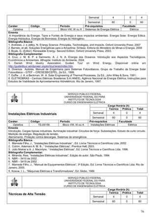 76
Semanal 4 0 4
Semestral 60 0 60
Caráter Código Período Pré-requisitos Faculdade
Optativa TE Bloco VIII, IX ou X Sistemas de Energia Elétrica Elétrica
Ementa
A Importância da Energia. Tipos e Fontes de Energia e seus impactos ambientais. Energia Solar. Energia Eólica.
Energia Hidráulica. Energia da Biomassa. Energia do Hidrogênio.
Bibliografia Básica:
1. Andrews, J. e Jelley, N. Energy Science: Principles, Technologies, and Impacts. Oxford University Press, 2007
2. Barreto, et alii. Soluções Energéticas para a Amazônia: Síntese. Editora do Ministério de Minas e Energia, 2008
3. Boyle, G. (Editor). Renewable Energy. Second Edition, Oxford University Press, 2003.
Bibliografia Complementar:
4. Cruz, J. M. B. P. e Sarmento, A. J. N. A. Energia dos Oceanos: Introdução aos Aspectos Tecnológicos,
Econômicos e Ambientais. Alfragide: Instituto do Ambiente, 2004.
5. Danish Wind Idustry Association. Guided Tour on Wind Energy. Disponível online em
http://guidedtour.windpower.org/en/tour/wres/index.htm.
6. Diversos Autores. Manual de Engenharia para Sistemas Fotovoltaicos. Grupo de Trabalho de Energia Solar
Fotovoltaica – GTEF – CRESESB/CEPEL, 2a Ed., 1999.
7. Duffie , J. A. e Beckman, W. A. Solar Engineering of Thermal Processes, 2a Ed., John Wiley & Sons, 1991.
8. ELETROBRAS - Centrais Elétricas Brasileiras S.A./ANEEL Agência Nacional de Energia Elétrica. Instruções para
Estudos de Viabilidade de Aproveitamentos Hidrelétricos. Rio de Janeiro, 1997.
SERVIÇO PÚBLICO FEDERAL
UNIVERSIDADE FEDERAL DO PARÁ
INSTITUTO DE TECNOLOGIA
CURSO DE ENGENHARIA ELÉTRICA
Instalações Elétricas Industriais
Carga Horária (h)
Teórica Prática Total
Semanal 4 0 4
Semestral 60 0 60
Caráter Código Período Pré-requisitos Faculdade
Optativa TE-05156 Bloco VIII, IX ou X Instalações Elétricas Elétrica
Ementa
Introdução. Cargas típicas industriais. Iluminação industrial. Circuitos de força. Subestações. Estudo de curto circuito.
Medição de energia. Regulação de tensão.
Aterramento. Proteção contra descargas. Sistemas de emergência.
Bibliografia Básica:
1. Mamede Filho, J., “Instalações Elétricas Industriais” , Ed. Livros Técnicos e Científicos Ltda, 2002.
2. Cotrim, Ademaro A. M. B., “ Instalações Elétricas”, Prentice Hall, 2003.
3. Julio Niskier e A. J. Macintyre, “ Instalações Elétricas”, Ed. Livros Técnicos e Científicos Ltda, 1996.
Bibliografia Complementar:
4. Miranda, Reis. “Instalações Elétricas Industriais”, Edição do autor, São Paulo, 1994.
5. NBR – 5410 de 2002.
6. NBR – 5419 de 2002.
7. Mamede Filho, J., “Manual de Equipamentos Elétricos”, 3a Edição, Ed. Livros Técnicos e Científicos Ltda, Rio de
Janeiro, 2005.
8. Kosow, I. L., “Máquinas Elétricas e Transformadores”, Ed. Globo, 1989
SERVIÇO PÚBLICO FEDERAL
UNIVERSIDADE FEDERAL DO PARÁ
INSTITUTO DE TECNOLOGIA
CURSO DE ENGENHARIA ELÉTRICA
Técnicas de Alta Tensão
Carga Horária (h)
Teórica Prática Total
Semanal 4 0 4
Semestral 60 0 60
 