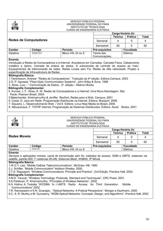 81
SERVIÇO PÚBLICO FEDERAL
UNIVERSIDADE FEDERAL DO PARÁ
INSTITUTO DE TECNOLOGIA
CURSO DE ENGENHARIA ELÉTRICA
Redes de Computadores
Carga Horária (h)
Teórica Prática Total
Semanal 4 0 4
Semestral 60 0 60
Caráter Código Período Pré-requisitos Faculdade
Optativa TE05167 Bloco VIII, IX ou X Teoria das
Comunicações,
Elétrica
Ementa
Introdução a Redes de Computadores e à Internet. Arquitetura em Camadas. Camada Física. Cabeamento
metálico e óptico. Camada de enlace de dados. A subcamada de controle de acesso ao meio.
Equipamentos de Interconexão de redes. Redes Locais sem Fio. Redes de Alta velocidade. Projeto e
especificação de Infra-estrutura de Redes.
Bibliografia Básica:
1.Tanenbaum, Andrew: “Redes de Computadores”. Tradução da 4ª edição. Editora Campus. 2003
2.G. P. Agrawal, "Fiber-Optic Communication Systems", John Wiley & Sons, 1998
3. Alves, Luis – “ Comunicação de Dados , 2a. edição – Makron Books
Bibliografia Complementar:
4. Kurose, J. F.; Ross, K. W. Redes de Computadores e a Internet: Uma Nova Abordagem. São
Paulo: Pearson Brasil, 2004.
5.Balachander, Krishnamurthy & Jeniffer Rexford. Redes para a Web. Campus, 2001
6. Costa, D. Java em Rede: Programação Distribuída na Internet. Editora: Brasport, 2008.
7 .Siqueira. L. Desenvolvimento Web – Vol 6. Editora: Linux New Media do Brasil, 2008.
8. Albuquerque, F. TCP/IP Internet: Programação de Sistemas Distribuídos. Editora: Axcel Books, 2001
SERVIÇO PÚBLICO FEDERAL
UNIVERSIDADE FEDERAL DO PARÁ
INSTITUTO DE TECNOLOGIA
CURSO DE ENGENHARIA ELÉTRICA
Redes Moveis
Carga Horária (h)
Teórica Prática Total
Semanal 4 0 4
Semestral 60 0 60
Caráter Código Período Pré-requisitos Faculdade
Optativa TE05185 Bloco VIII, IX ou X Elétrica
Ementa
Serviços e aplicações móveis, canal de transmissão sem fio, métodos de acesso, GSM e UMTS, sistemas via
satélite, padrão 802.11 sistemas WLAN, Sistemas Mesh, WiMAX, IP Móvel.
Bibliografia Básica:
1.W.C.Y. Lee, “Mobile Cellular Telecommunications”, McGraw- Hill, 1990.
2.J. Schiller, “Mobile Communication” Addison Wesley, 2000.
3.T.S. Rappaport, “Wireless Communications: Principle and Practice”, 2nd Edição. Prentice Hall, 2002.
Bibliografia Complementar:
4.M.D. Yacoub, “Wireless Technology: Protocols, Standard and Techniques”, CRC Press, 2001.
5.K.Pahlavan, P. Krishnamurthy, “Principles of Wireless Networks”, 2002.
6.H. Holma, A. Toskala, “WCDMA fo r UMTS: Radio Access for Third Generation Mobile
Communications”,2002
7.R. Ramaswami e K.N. Sivarajan, “Optical Networks: A Pratical Perspective”, Morgan e Kaufmann, 2000
8.C. S. R. Murthy e M. Gurusamy, ”WDM Optical Networks: Concepts, Design, and Algorithms”, Prentice Hall, 2002
 