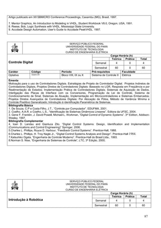 87
Artigo publicado em XII SBMICRO Conference Proceedings, Caxambu (MG), Brasil, 1997.
7. Mentor Graphics, An Introduction to Modeling in VHDL, Student Workbook V8.0, Oregon, USA, 1991.
8. Reese, Bob, Logic Synthesis with VHDL, Mississippi State University.
9. Accolade Design Automation, User’s Guide to Accolade PeakVHDL. 1997.
SERVIÇO PÚBLICO FEDERAL
UNIVERSIDADE FEDERAL DO PARÁ
INSTITUTO DE TECNOLOGIA
CURSO DE ENGENHARIA ELÉTRICA
Controle Digital
Carga Horária (h)
Teórica Prática Total
Semanal 4 0 4
Semestral 60 0 60
Caráter Código Período Pré-requisitos Faculdade
Optativa TE05159 Bloco VIII, IX ou X Sistema de Controle II Elétrica
Ementa
Motivação para o uso de Controladores Digitais. Estratégias de Projeto de Controlador Digital. Projetos Indiretos de
Controladores Digitais, Projetos Diretos de Controladores Digitais: Baseado no LGR, Resposta em Freqüência e por
Realimentação de Estados; Implementação Prática de Controladores Digitais; Sistemas de Aquisição de Dados,
Interligação das Placas de Interface com os Conversores, Programação da Lei de Controle, Sistema de
Condicionamento de Sinal, Sistemas de Atuação, Implementação em Microcontroladores e Sistemas Embarcados;
Projetos Diretos Avançados de Controladores Digitais: Por Alocação de Pólos, Método de Variância Mínima e
Controle Preditivo Generalizado; Introdução à identificação Paramétrica de Sistemas.
Bibliografia Básica
1. De Souza, C.P e Costa Filho, J.T., “Controle por Computador”. EDUFMA, 2001.
2. Coelho, A.A.R. e Coelho, L.S., “Identificação de Sistemas Dinâmicos Lineares”. Editora da UFSC, 2004.
3. Gene F. Franklin, J. David Powell, Michael L. Workman, “Digital Control of Dynamic Systems”. 3rd Edition, Addison-
Wesley, 1997.
Bibliografia Complementar
4. Ioan D. Landau and Gianluca Zito. “Digital Control Systems: Design, Identification and Implementation
(Communications and Control Engineering)” Springer, 2006.
5.Charles L. Phillips, Royce D. Harbour, “Feedback Control Systems”. Prentice-Hall, 1988.
6.Charles L. Phillips, H. Troy Nagle Jr., “Digital Control Systems Analysis and Design”. Prentice-Hall 1984.
7.Katsuhiko Ogata, “Engenharia de Controle Moderno”. Prentice-Hall do Brasil Ltda., 1993.
8.Norman S. Nise, “Engenharia de Sistemas de Controle”, LTC, 3ª Edição, 2000;
SERVIÇO PÚBLICO FEDERAL
UNIVERSIDADE FEDERAL DO PARÁ
INSTITUTO DE TECNOLOGIA
CURSO DE ENGENHARIA ELÉTRICA
Introdução à Robótica
Carga Horária (h)
Teórica Prática Total
Semanal 4 0 4
Semestral 60 0 60
 