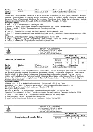 88
Caráter Código Período Pré-requisitos Faculdade
Optativa TE05170 Bloco VIII, IX ou X Sistema de Controle II Elétrica
Ementa
Classificação, Componentes e Hierarquia de Robôs Industriais. Transformações Homogênea: Translação, Rotação,
Relativa e Representação de Sólidos. Modelo Cinemático: Direto e Inverso e Modelo Dinâmico: Equações de
Lagrange. Carga e Transmissão Mecânica. Servomotores. Controle de Junta: Malha aberta e Fechada. Controle
Espacial: Explicito e Implícito. Simulação do Movimento de Robôs. Aplicações de Robôs.
Bibliografia Básica
1. Alves, J. B. M, “Controle de Robô” – Cartagraf, 1988.
2. Richard, P. , “Robot Manipulators: Mathematics, Programming, and Control” – The MIT Press.
3. Asada, H. and J. E. Slotine, “Robot Analysis and Control”- John Wiley
Complementar
4. Craig, J.J.; Introduction to Robotics: Mechanics & Control. Addison-Wesley. 1986
5. Silva, O.F. Análise do Desempenho de Servocontroladores para Robô Industrial. Dissertação de Mestrado, UFRJ,
1987.
6. Åstrom,K.J. and Wittenmark,B.; Computer Controled Systems Theory, 1984.
7. Singh, K. & Agnihotri, G. System Design through Matlab, Controol Toolbox and Simulink. Springer. 2001
8. Franklin, G. and Powell,J.; Digital Control of Dynamic Systems,1980.
SERVIÇO PÚBLICO FEDERAL
UNIVERSIDADE FEDERAL DO PARÁ
INSTITUTO DE TECNOLOGIA
CURSO DE ENGENHARIA ELÉTRICA
Sistemas não-lineares
Carga Horária (h)
Teórica Prática Total
Semanal 4 0 4
Semestral 60 0 60
Caráter Código Período Pré-requisitos Faculdade
Optativa TE Bloco VIII, IX ou X Sistema de Controle II Elétrica
Ementa
Porque Controle Não-Linear, Comportamento de Sistemas Não-Lineares; Análise pelo Plano de Fase; Fundamentos
da Teoria de Lyapunov: Sistemas Não-Lineares e Pontos de Equilíbrio, Conceitos de Estabilidade, Linearização e
Estabilidade Local, Método Direto de Lyapunov, Análise de Sistemas Baseado no Método Direto de Lyapunov ;
Análise por Função Descritiva; Projeto de Controle Não-Linear: Linearização em torno de um Ponto de Equilíbrio,
Linearização Exata por realimentação, Projeto de Controle Robusto, Introdução ao Controle Inteligente: Lógica e
Controle Difuso; Aplicações
Bibliografia Básica
1.Slotine, J.J.E.; Li, W. - “Applied Nonlinear Control”, Prentice Hall, 1991. [Livro Texto ]
2.Castrucci, P.B.L., Curti, R., “Sistemas Não-Lineares”. Editora Edgar Blücher Ltda, Volume 2, 1981.
3.Ogata, K. “Engenharia de Controle Moderno”. 1a Edição, LTC, 1970.
Bibliografia Complementar
4.D’Azzo, J., Houpis, C.H., “Linear Control Systems Analysis and Design”, McGraw-Hill, 1975.
5.Gustavo Vitorino Monteiro da Silva, “Controlo Não Linear”, Escola Superior de Tecnologia de Setúbal, 2003.
6. Philips, C.L. and Nagler Jr.,H.T.; Digital Control System - Analysis and Design,1984.
7. Khalil, Hassan K Prentice Hall, Nonlinear Systems,1996
8. Isidori, A., Nonlinear Control Systems – An Introduction, Springer Verlag 1989
SERVIÇO PÚBLICO FEDERAL
UNIVERSIDADE FEDERAL DO PARÁ
INSTITUTO DE TECNOLOGIA
CURSO DE ENGENHARIA ELÉTRICA
Introdução ao Controle Ótimo
Carga Horária (h)
Teórica Prática Total
Semanal 4 0 4
 