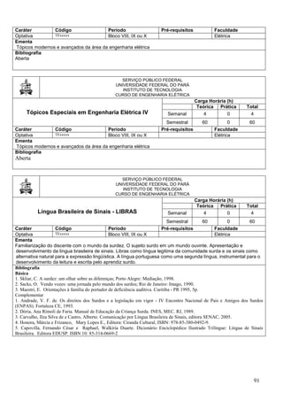91
Caráter Código Período Pré-requisitos Faculdade
Optativa TExxxxx Bloco VIII, IX ou X Elétrica
Ementa
Tópicos modernos e avançados da área da engenharia elétrica
Bibliografia
Aberta
SERVIÇO PÚBLICO FEDERAL
UNIVERSIDADE FEDERAL DO PARÁ
INSTITUTO DE TECNOLOGIA
CURSO DE ENGENHARIA ELÉTRICA
Tópicos Especiais em Engenharia Elétrica IV
Carga Horária (h)
Teórica Prática Total
Semanal 4 0 4
Semestral 60 0 60
Caráter Código Período Pré-requisitos Faculdade
Optativa TExxxxx Bloco VIII, IX ou X Elétrica
Ementa
Tópicos modernos e avançados da área da engenharia elétrica
Bibliografia
Aberta
SERVIÇO PÚBLICO FEDERAL
UNIVERSIDADE FEDERAL DO PARÁ
INSTITUTO DE TECNOLOGIA
CURSO DE ENGENHARIA ELÉTRICA
Língua Brasileira de Sinais - LIBRAS
Carga Horária (h)
Teórica Prática Total
Semanal 4 0 4
Semestral 60 0 60
Caráter Código Período Pré-requisitos Faculdade
Optativa TExxxxx Bloco VIII, IX ou X Elétrica
Ementa
Familiarização do discente com o mundo da surdez. O sujeito surdo em um mundo ouvinte. Apresentação e
desenvolvimento da língua brasileira de sinais. Libras como língua legitima da comunidade surda e os sinais como
alternativa natural para a expressão lingüística. A língua portuguesa como uma segunda língua, instrumental para o
desenvolvimento da leitura e escrita pelo aprendiz surdo.
Bibliografia
Básica
1. Skliar, C. A surdez: um olhar sobre as diferenças; Porto Alegre: Mediação, 1998.
2. Sacks, O. Vendo vozes: uma jornada pelo mundo dos surdos; Rio de Janeiro: Imago, 1990.
3. Maestri, E. Orientações à família do portador de deficiência auditiva. Curitiba - PR 1995, 5p.
Complementar
1. Andrade, V. F. de. Os direitos dos Surdos e a legislação em vigor - IV Encontro Nacional de Pais e Amigos dos Surdos
(ENPAS). Fortaleza CE, 1993.
2. Dória, Ana Rímoli de Faria. Manual de Educação da Criança Surda. INES, MEC. RJ, 1989.
3. Carvalho, Ilza Silva de e Castro, Alberto. Comunicação por Língua Brasileira de Sinais, editora SENAC, 2005.
4. Honora, Márcia e Frizanco, Mary Lopes E., Editora: Ciranda Cultural, ISBN: 978-85-380-0492-9.
5. Capovilla, Fernando César e Raphael, Walkiria Duarte. Dicionário Enciclopédico Ilustrado Trilíngue: Língua de Sinais
Brasileira. Editora EDUSP. ISBN 10: 85-314-0669-2
 