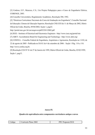 93
[3] Cardoso, E.P., Menezes, C.S., Um Projeto Pedagógico para o Curso de Engenharia Elétrica,
COBENGE, 2003.
[4] Conselho Universitário, Regulamento Acadêmico, Resolução 580, 1992.
[5] “Diretrizes Curriculares Nacionais do Curso de Graduação em Engenharia”, Conselho Nacional
de Educação; Câmara de Educação Superior; Resolução CNE/CES de 11 de Março de 2002, Diário
Oficial da União, Brasília, 09/04/2002; Seção 1, pag32.
http://portal.mec.gov.br/cne/arquivos/pdf/CES112002.pdf
[6] IEEE - Institute of Electrical and Electronics Engineers - http://www.ieee.org/portal/site
[7] ABET- Accreditation Board for Engineering and Technology - http://www.abet.org/
[8] CONFEA – Conselho Federal de Engenharia, Arquitetura e Agronomia, Resolução no 1.010, de
22 de agosto de 2005 - Publicada no D.O.U de 4 de setembro de 2006 – Seção 1 Pág. 116 a 118.
http://www.confea.org.br.
[9] Resolução CES Nº 01 de 27 de Janeiro de 1999, Diário Oficial da União, Brasília, 03/02/1999;
Seção 1, pag13.
Anexo IX
Quadro de equivalência entre componentes curriculares antigos e novos
Código Currículo Pleno 2002 PPC Proposto/2010
 