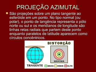 PROJEÇÃO AZIMUTAL
   São projeções sobre um plano tangente ao
    esferóide em um ponto. No tipo normal (ou
    polar), o ponto de tangência representa o pólo
    norte ou sul e os meridianos de longitude são
    linhas retas radiais que partem deste ponto
    enquanto paralelos de latitude aparecem como
    círculos concêntricos.
 