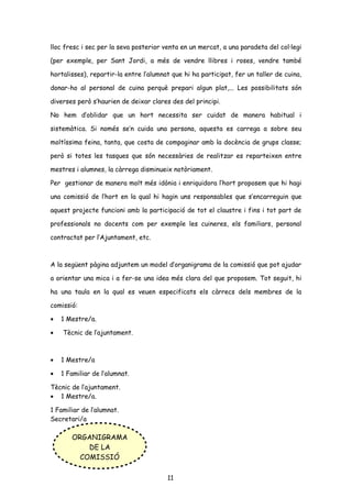 lloc fresc i sec per la seva posterior venta en un mercat, a una paradeta del col·legi
(per exemple, per Sant Jordi, a més de vendre llibres i roses, vendre també
hortalisses), repartir-la entre l’alumnat que hi ha participat, fer un taller de cuina,
donar-ho al personal de cuina perquè prepari algun plat,... Les possibilitats són
diverses però s’haurien de deixar clares des del principi.
No hem d’oblidar que un hort necessita ser cuidat de manera habitual i
sistemàtica. Si només se’n cuida una persona, aquesta es carrega a sobre seu
moltíssima feina, tanta, que costa de compaginar amb la docència de grups classe;
però si totes les tasques que són necessàries de realitzar es reparteixen entre
mestres i alumnes, la càrrega disminueix notòriament.
Per gestionar de manera molt més idònia i enriquidora l’hort proposem que hi hagi
una comissió de l’hort en la qual hi hagin uns responsables que s’encarreguin que
aquest projecte funcioni amb la participació de tot el claustre i fins i tot part de
professionals no docents com per exemple les cuineres, els familiars, personal
contractat per l’Ajuntament, etc.
A la següent pàgina adjuntem un model d’organigrama de la comissió que pot ajudar
a orientar una mica i a fer-se una idea més clara del que proposem. Tot seguit, hi
ha una taula en la qual es veuen especificats els càrrecs dels membres de la
comissió:
• 1 Mestre/a.
• Tècnic de l’ajuntament.
• 1 Mestre/a
• 1 Familiar de l’alumnat.
Tècnic de l’ajuntament.
• 1 Mestre/a.
1 Familiar de l’alumnat.
Secretari/a
11
ORGANIGRAMA
DE LA
COMISSIÓ
 