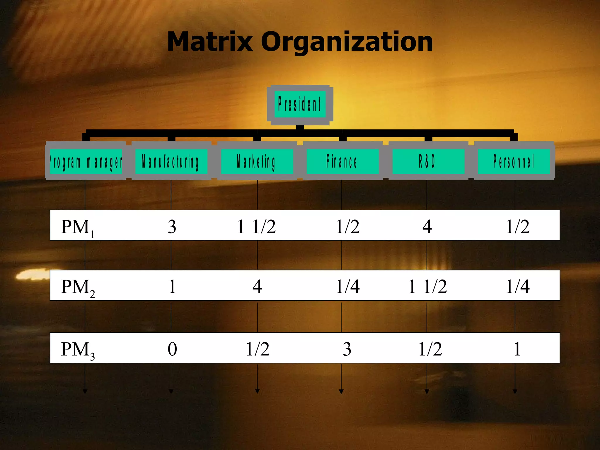 Matrix Organization PM 1 3 1 1/2 1/2 4 1/2 PM 2 1 4 1/4 1 1/2 1/4 PM 3 0 1/2 3 1/2 1 