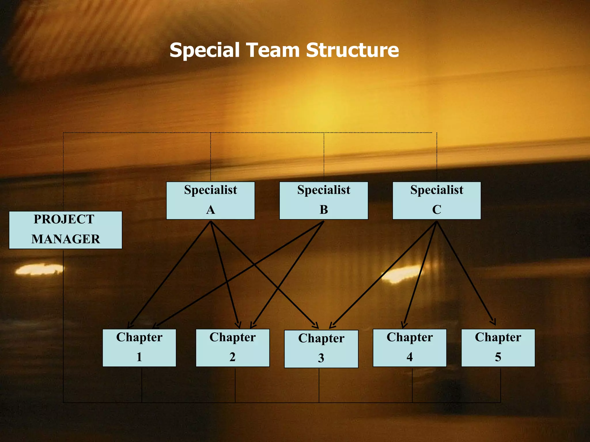 Special Team Structure PROJECT  MANAGER Specialist A Specialist B Specialist C Chapter 1 Chapter 2 Chapter 4 Chapter 3 Chapter 5 