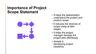 Importance of Project
Scope Statement
• It helps the stakeholders
understand the project and
product scope.
• It reduces the chances of
scope creep at later
stages.
• It helps the project
manager develop the
project plan effortlessly.
• Assists in
developing project
baselines.
 