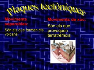 Plaques tectòniques Moviments separebles:   Són els que formen els volcans. Moviments de xoc: Són els que provoquen terratrèmols. 
