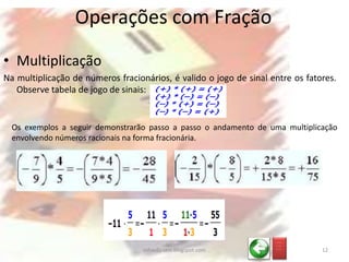 • Multiplicação
Na multiplicação de números fracionários, é valido o jogo de sinal entre os fatores.
Observe tabela de jogo de sinais:
Operações com Fração
Os exemplos a seguir demonstrarão passo a passo o andamento de uma multiplicação
envolvendo números racionais na forma fracionária.
_ __
_ __
_ __
12infoedu-stm.blogspot.com
 